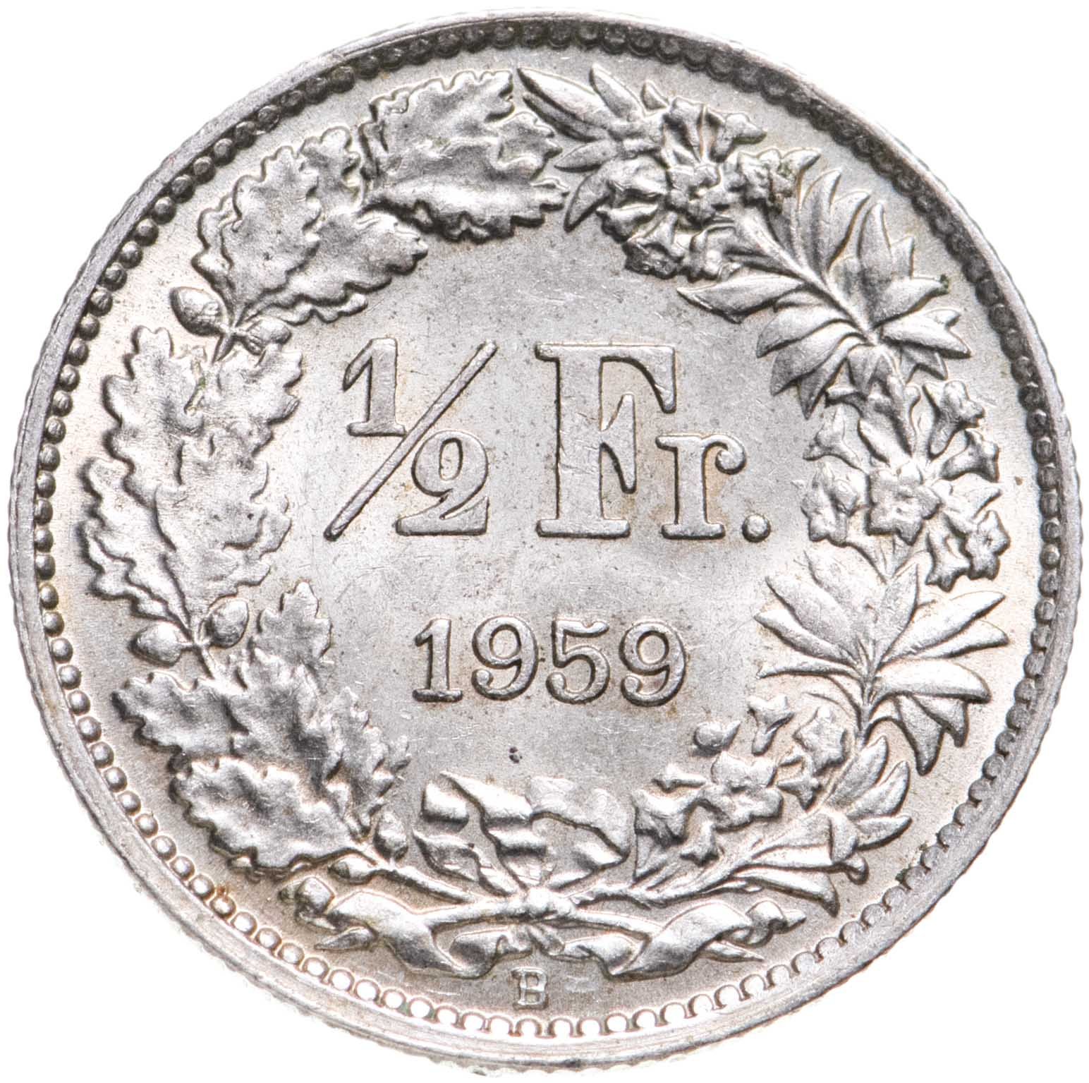 Монета Швейцария 1/2 франка (franc) 1959 стоимостью 790 руб.