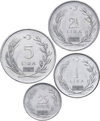 купить Турция набор из 4 монет 25 курушей, 1, 2 1\2 (2,5) и 5 лир 1960-1980, случайный год