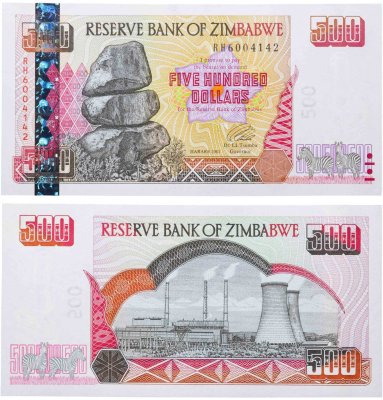 купить Зимбабве 500 долларов 2001 года (Pick 10) с защитной полосой