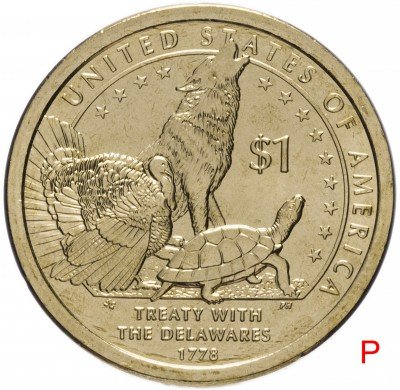 купить США 1 доллар (dollar) 2013 Р "Коренные Американцы - Делаверский договор 1778 года", знак монетного двора Р - Филадельфия