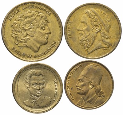 купить Греция набор из 4 монет 2, 20, 50 и 100 драхм 1976-2000, случайная дата