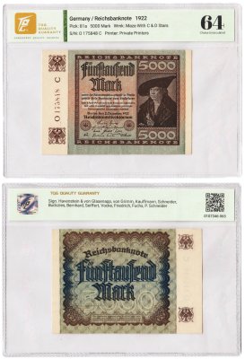 купить Германия 5000 марок 1922 в слабе TQG UNC 64