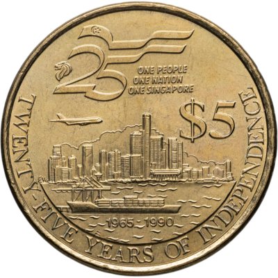 купить Сингапур 5 долларов (dollars) 1990 25 лет Независимости