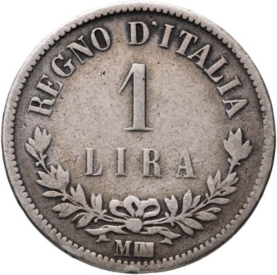 купить Италия 1 лира (lira) 1863, номинал на реверсе, знак монетного двора: "M" - Милан