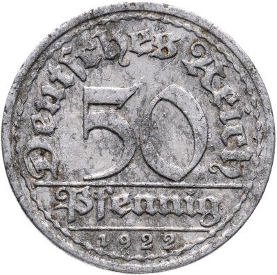 купить Германия, Веймарская республика 50 пфеннигов (pfennig) 1922, знак монетного двора "J" — Гамбург