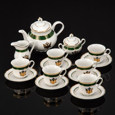 купить Сервиз чайный с ведомственной символикой Министерства юстиции РФ на 6 персон в оригинальном подарочном кофре, фарфор, деколь, золочение, Thun (Тун), Чехия, 2001-2015 гг.