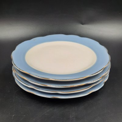 купить Набор из четырех пирожковых тарелок с каймой голубого цвета, фарфор, крытье, золочение, Коростенский фарфоровый завод (КФЗ), СССР, 1960-1991 гг.
