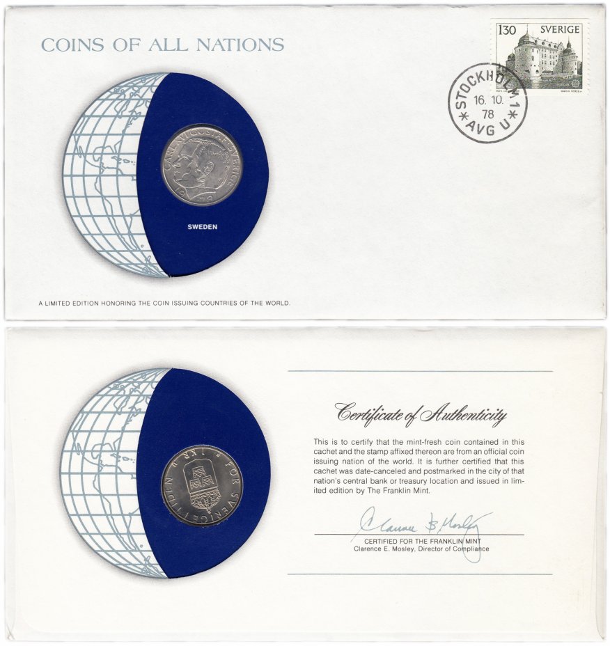купить Серия «Монеты всех стран мира» - Швеция 1 крона (crown) 1979  (монета и 1 марка в конверте)