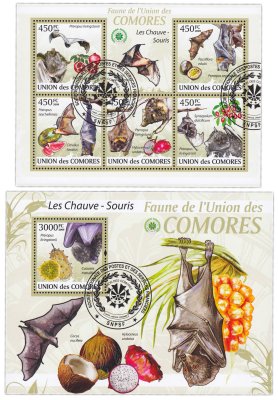 купить Коморские острова марки набор из 4 квартблоков "Флора и фауна. Летучие мыши"