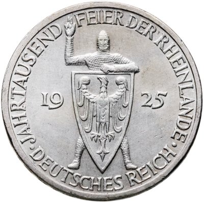 Купить Германия 3 рейхсмарки (reichsmark) 1925 "Тысячелетие Рейнской области (Рейнланда)" знак монетного двора "J"