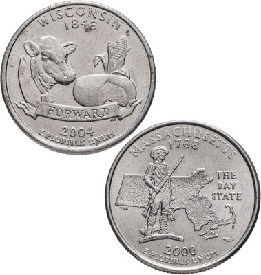 купить США набор из 2 случайных монет 25 центов (1/4 доллара, квотер) 1999-2009 "Штаты"