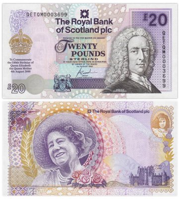 купить Шотландия 20 фунтов 2000 100 лет Королевы-матери