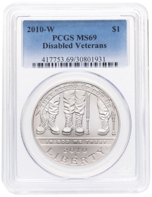 купить США 1 доллар (dollar) 2010 "Ветераны - инвалиды войны" в слабе PCGS MS69