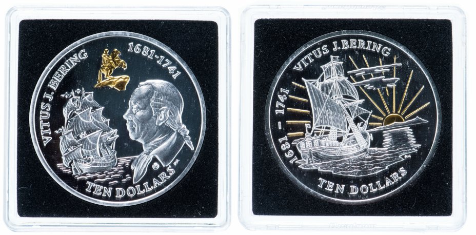 купить Британские Виргинские Острова 10 долларов 2011 набор из 2х монет "Витус Беринг", в футляре с сертификатом