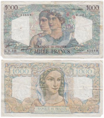 купить Франция 1000 франков 1948 (Minerve et Hercule, Минерва и Геркулес) Pick 130