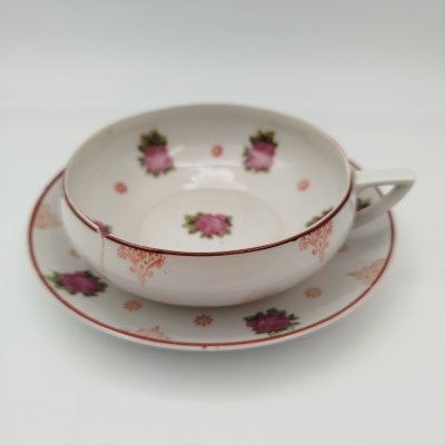 купить Пара для десерта, украшенная изображением роз, фарфор, деколь, Дмитровский фарфоровый завод (ДФЗ Вербилки), СССР, 1930-1940 гг.