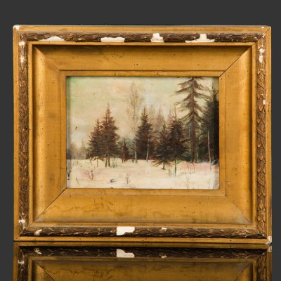 купить Картина "Зимний пейзаж с елями", оформленная в раму, неизвестный художник, оргалит, масло, СССР, 1930-1960 гг.