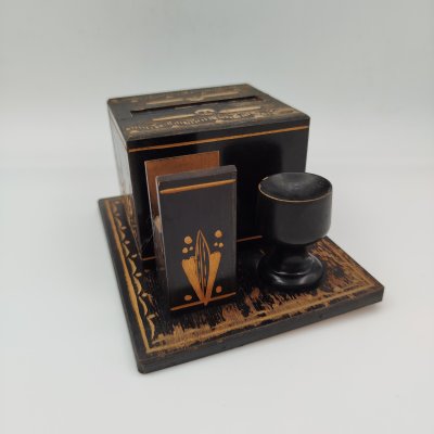 Купить Настольная сигаретница с пепельницей и спичечницей с резным узором, дерево, резьба, Румыния, 1950-1970 гг.