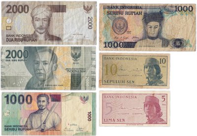 купить Индонезия набор из 6 банкнот 5, 10 сен и 1000, 2000 рупий 1964-2016