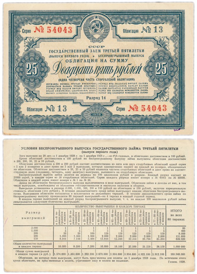 купить Облигация 25 рублей 1938 Государственный Займ Третьей Пятилетки (выпуск первого года)