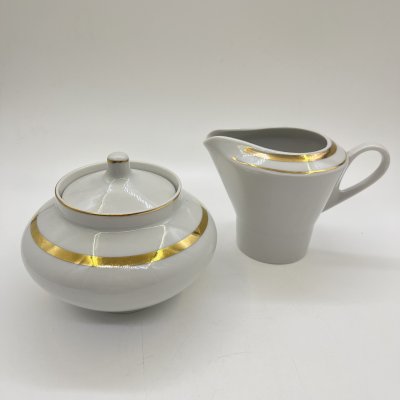 купить Набор из сахарницы и молочника с декором в виде золотистой полосы, фарфор, золочение, деколь, Дулевский фарфоровый завод (Дулёво), СССР, 1970-1990 гг.