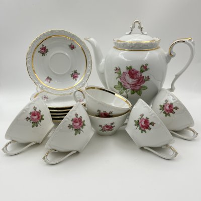 купить Набор для подачи чая/кофе на 6 персон (13 предметов), украшенный изображением розы, фарфор, деколь, золочение, Kahla, Чехословакия, 1968-1987 гг.