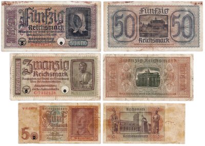 купить Германия, Третий рейх, набор бакнот 5, 20, 50 рейхсмарок 1939-1945 гг (для оккупированных территорий)