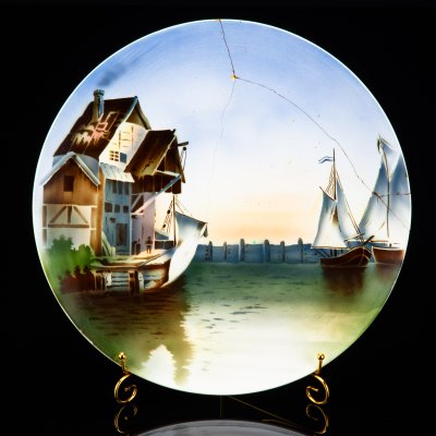 купить Блюдо настенное декоративное, украшенное изображением морского пейзажа, фаянс, деколь, Villeroy & Boch, Германия, 1890-1909 гг.