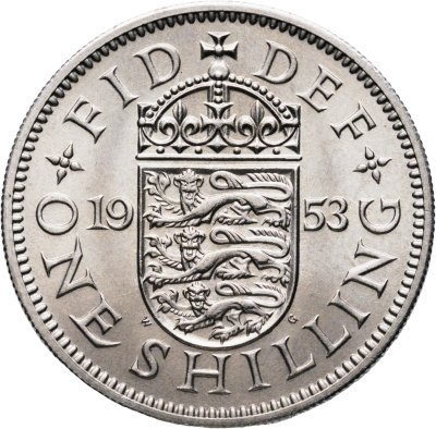 купить Великобритания 1 шиллинг (shilling) 1953 Английский герб - 3 льва внутри коронованного щита