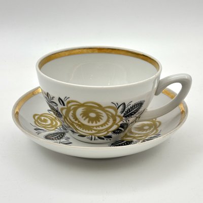 купить Чайная пара (большая) "Желтая роза", фарфор, деколь, золочение, Богдановичский фарфоровый завод, СССР, 1978-1991 гг.