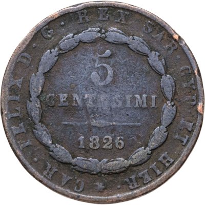 купить Сардиния 5 чентезимо (centesimi) 1826