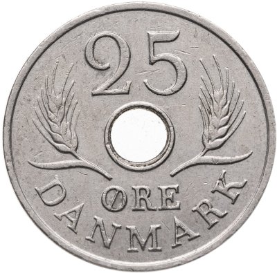 купить Дания 25 эре (ore) 1967 с отверстием