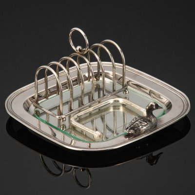 купить Сервировочный набор для подачи фуа-гра украшенный фигурой утки, металл, серебрение, вкладыш (стекло), Европа, 1960-1990 гг.