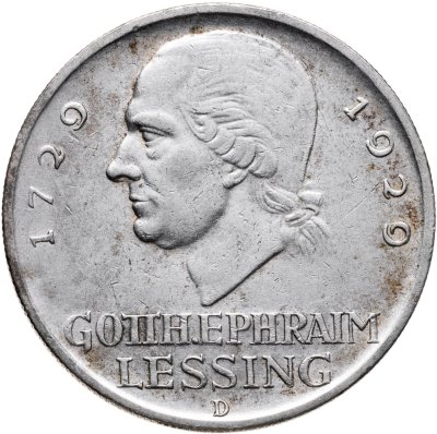 купить Германия 5 рейхсмарок 1929 D 200 лет со дня рождения Готхольда Лессинга
