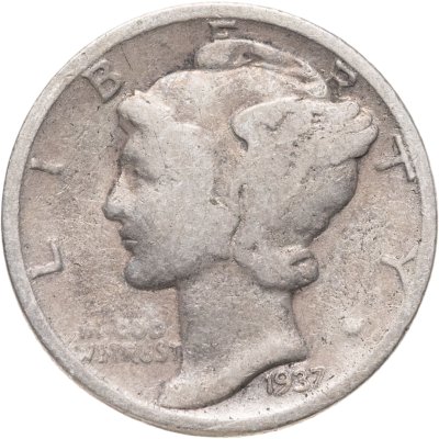 купить США 10 центов (дайм, one dime) 1937 Mercury Dime Без отметки монетного двора