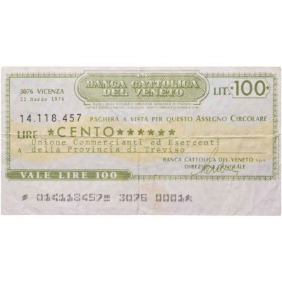 купить Италия банковский чек 100 лир 1976