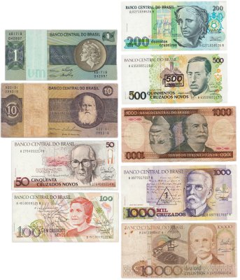 купить Бразилия набор из 9 банкнот 1, 10, 50, 100, 200, 500, 1000, 10000 крузейро 1972-1990