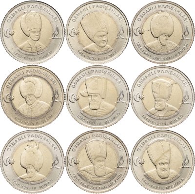 купить Турция набор из 9 монет 1 лира (lira) 2025 "Султаны Османской империи"