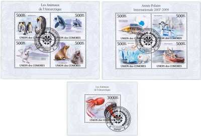 купить Коморы набор из 3 квартблоков "Флора и Фауна. Антарктика. Полярный круг"