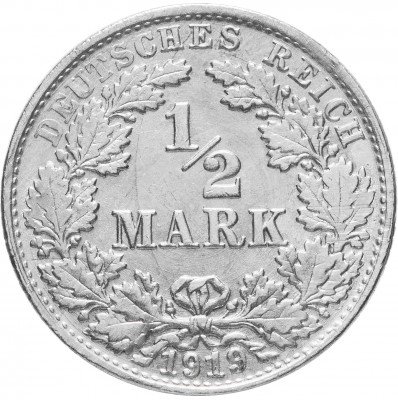 Купить Германия (Германская империя) 1/2 рейх марки 1919 "D"