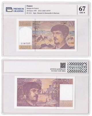купить Франция 20 франков 1997 в слабе PG UNC67