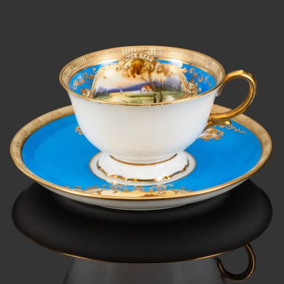 купить Пара чайная, украшенная изображением пейзажа, фарфор, роспись, крытье, золочение, Noritake, Япония, 1908-1930 гг.