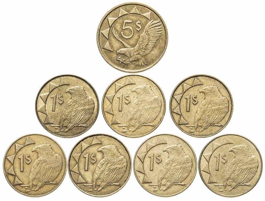 Всего восемь монет по 5. Монеты Намибии. Восьмерка монет. Золотые монеты Намибии. 8 Монет.