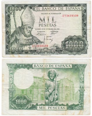 купить Испания 1000 песет 1965 Pick 151 ( "Святой Исидор" Бартоломе Эстебан Мурильо, Базилика Святого Исидора)