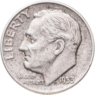 купить США 10 центов (дайм, one dime) 1953 D Silver Roosevelt Dime (Рузвельт) знак монетного двора "D" - Денвер