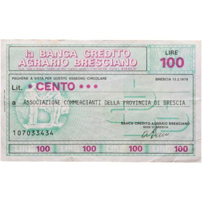 купить Италия банковский чек 100 лир 1978