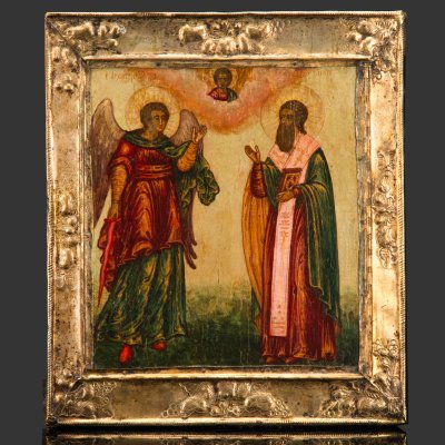 купить Икона "Архистратиг Михаил и святой Сисой", дерево, темпера, золочение, латунь, серебрение, Российская империя, 1770-1790 гг.