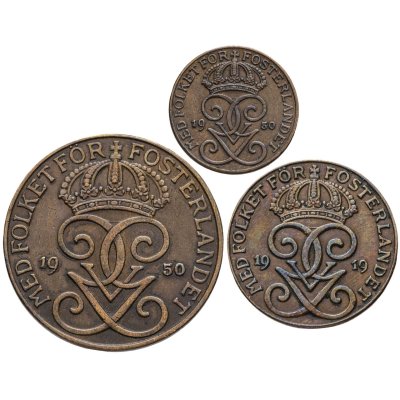 купить Швеция набор монет 1,2 и 5 эре 1919-1950 (Бронза)