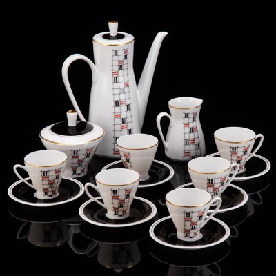 купить Сервиз кофейный c минималистичным геометрическим декором на 6 персон (15 предметов), фарфор, крытье, деколь, золочение, Freiberger Porzellan, ГДР, 1960-1990 гг.