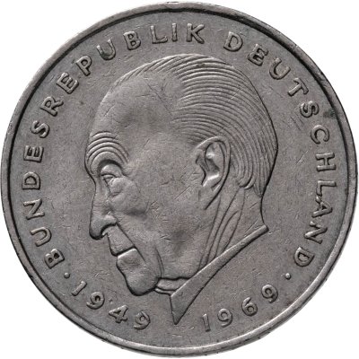 купить Германия 2 марки 1973 "Конрад Аденауэр, 20 лет Федеративной Республике (1949-1969)" знак монетного двора: "J" - Гамбург